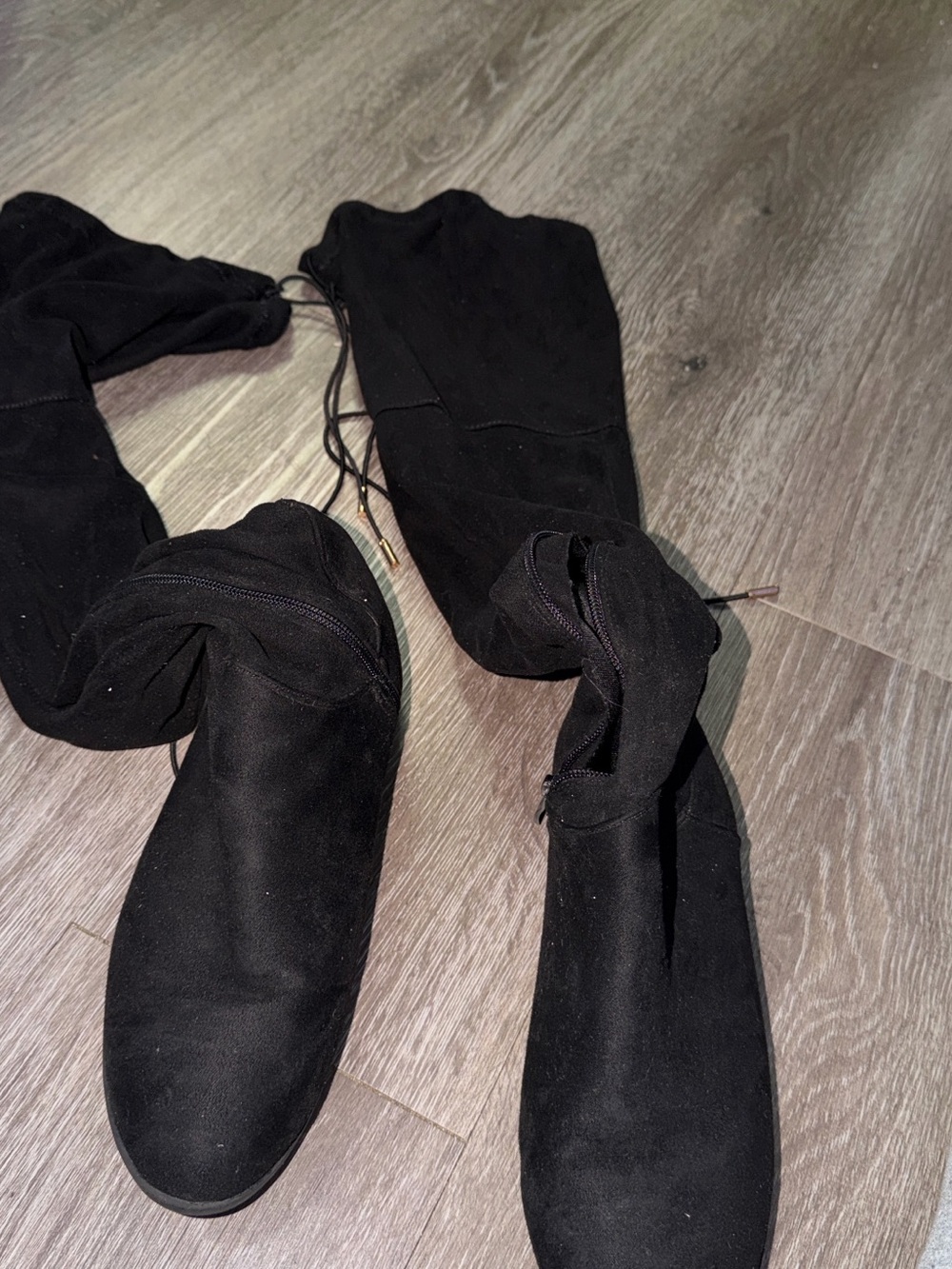 Fashion Nova Black Over-the-Knee Stretch Boots with Drawstring